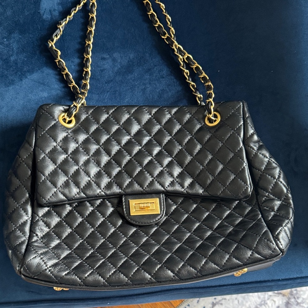 Tiffany & Fred Quilted Black Shoulder Bag with Gold Accents